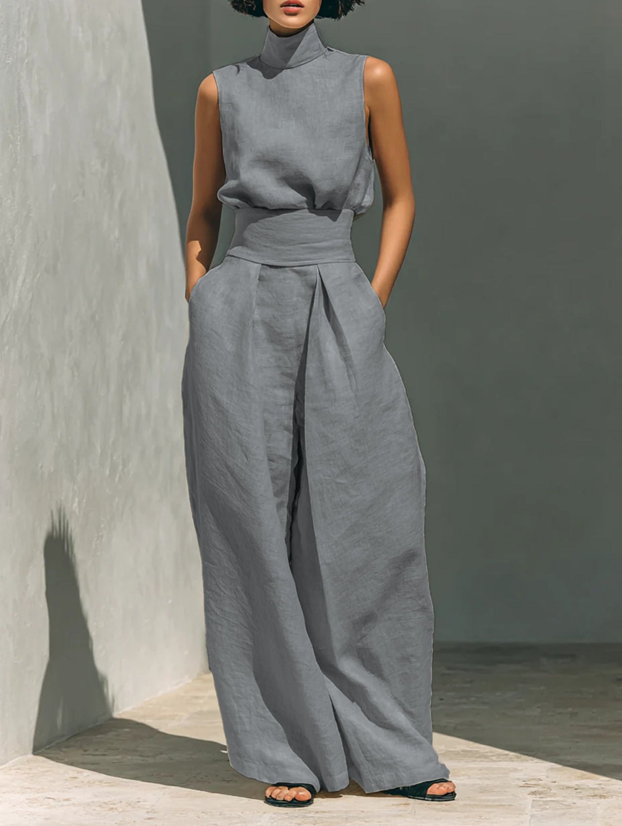 Ensemble Casual Été – Top Sans Manches Col Montant & Pantalon Droit Ample