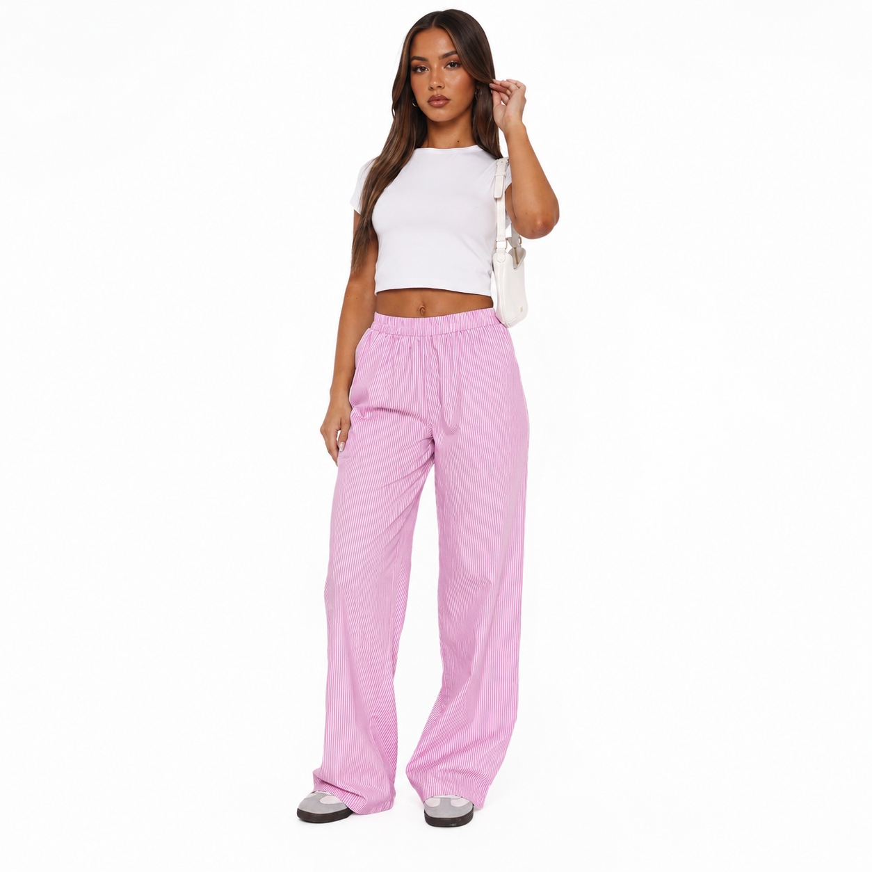 Pantalon Large Femme – Taille Haute Élastique & Jambes Larges Rayées | Style Estival Tendance