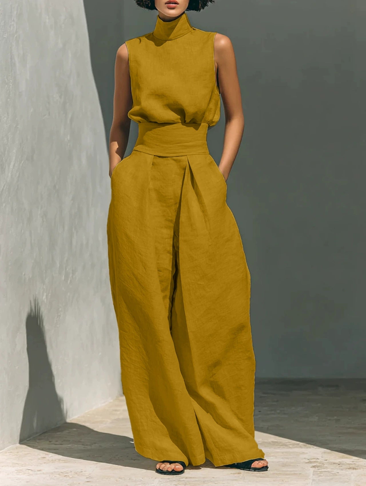 Ensemble Casual Été – Top Sans Manches Col Montant & Pantalon Droit Ample